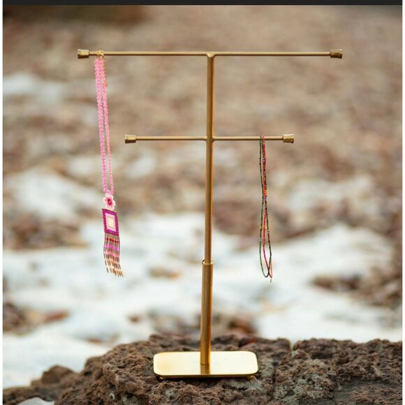 Gold Metal 2-Tier Adjustable T-Bar Jewelry Display Stand, Necklace Organizer - Picture 1 of 5